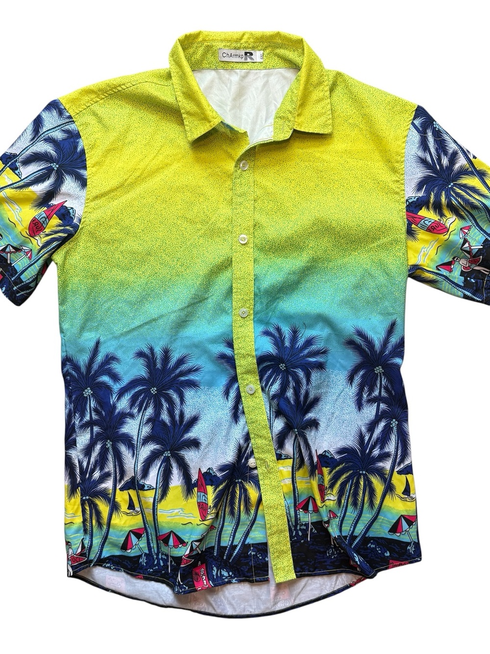 Tropical Gradient Palm Print Button-Up Shirt - Yellow & Blue
